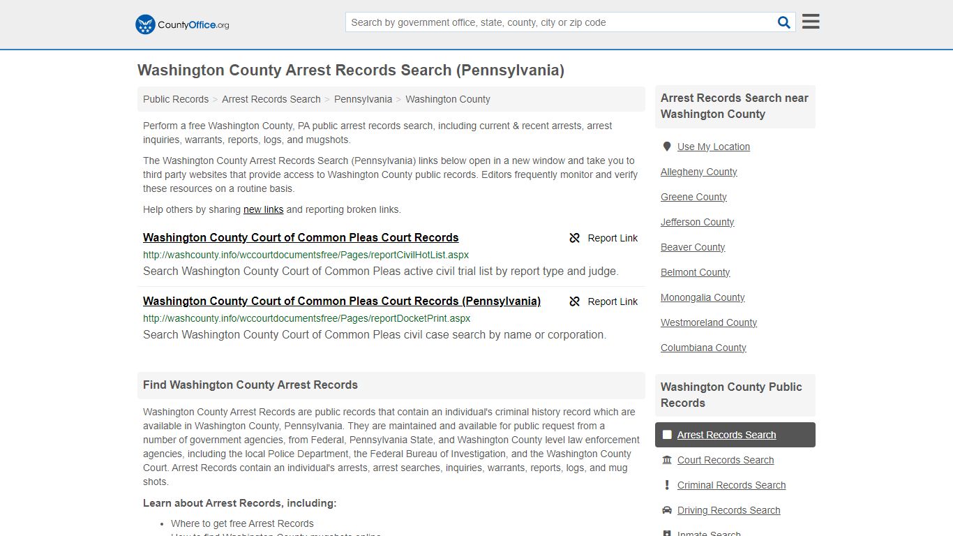 Washington County Arrest Records Search (Pennsylvania) - County Office